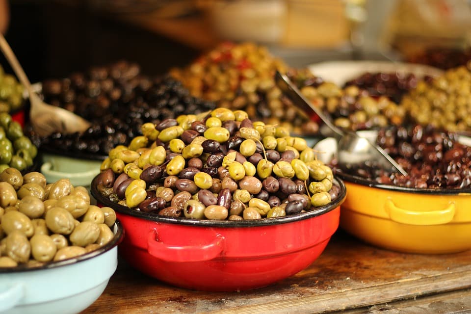 Olives displayed at market